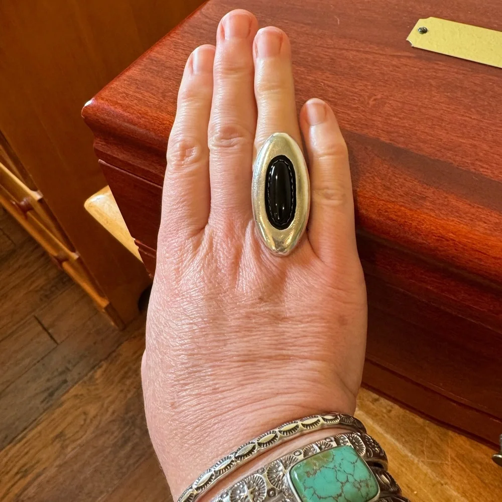Navajo Jimmy Patterson Sterling Silver Onyx Cabochon Ring, Size 8
